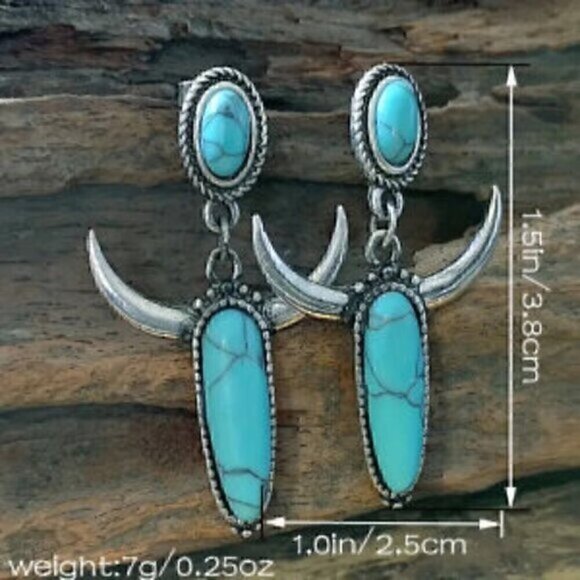 Turquoise Silver Plated Oval Drop Cow Bull Head  Horn Western Earrings - Picture 2 of 2